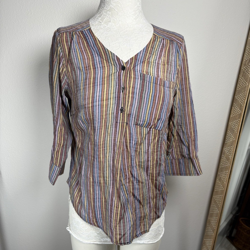 Christopher Banks Women PS Multicolor Striped Blouse Boho Coastal Rayon Blend